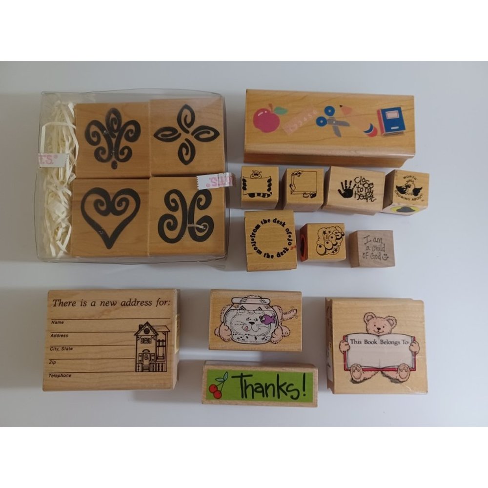 16 Rubber Stamp Lot Dots JRL Fancy Fleurs Cat Fish Teddy Bear New Address School